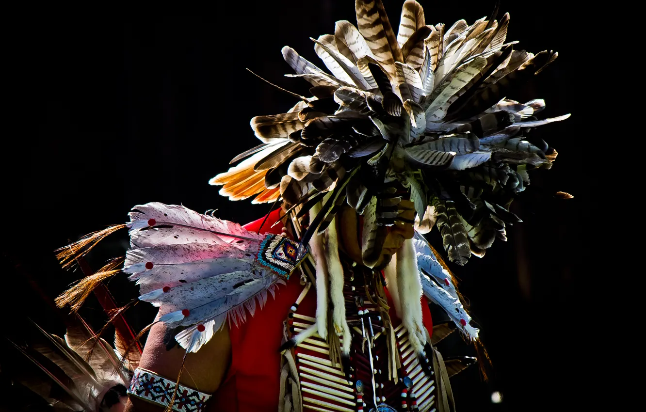 Фото обои перья, мужчина, индеец, Pow Wow