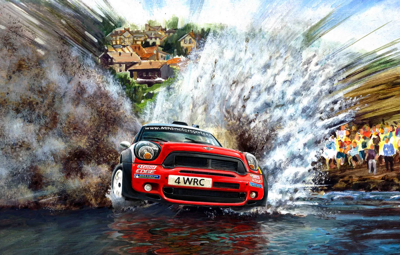 Фото обои брызги, Вода, Красный, Рисунок, Mini Cooper, WRC, Ралли, MINI
