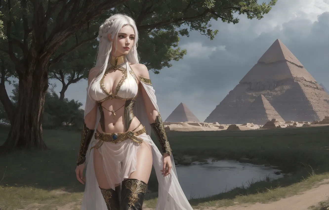 Фото обои girl, fantasy, nature, art, painting, fantasy art, pyramids, white hair