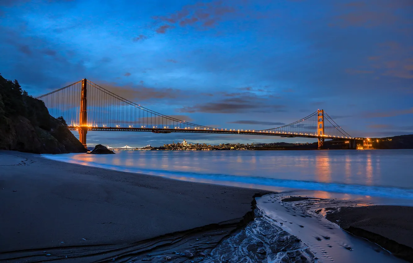 Фото обои пейзаж, мост, огни, пролив, берег, вечер, Золотые ворота, Golden Gate Bridge