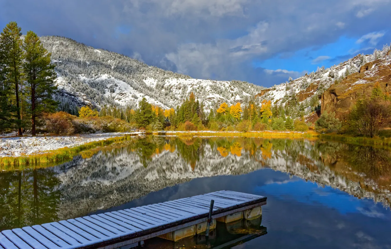 Фото обои осень, деревья, горы, озеро, отражение, Вайоминг, Йеллоустоун, Wyoming