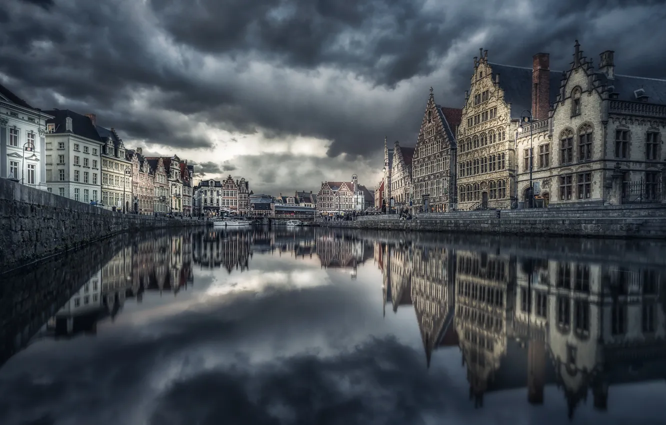 Фото обои отражение, канал, Бельгия, сумерки