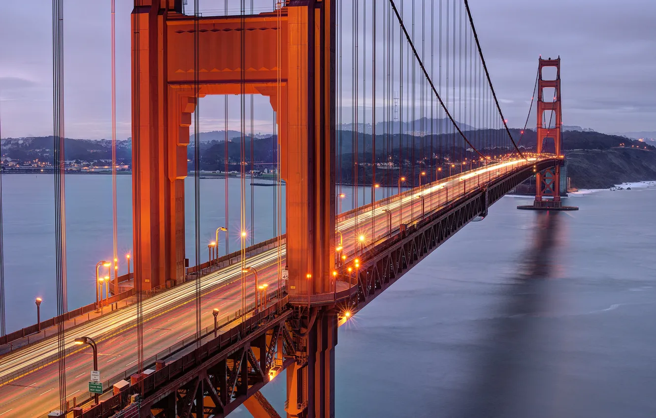 Фото обои горы, мост, огни, пролив, опора, Сан-Франциско, Золотые Ворота, США