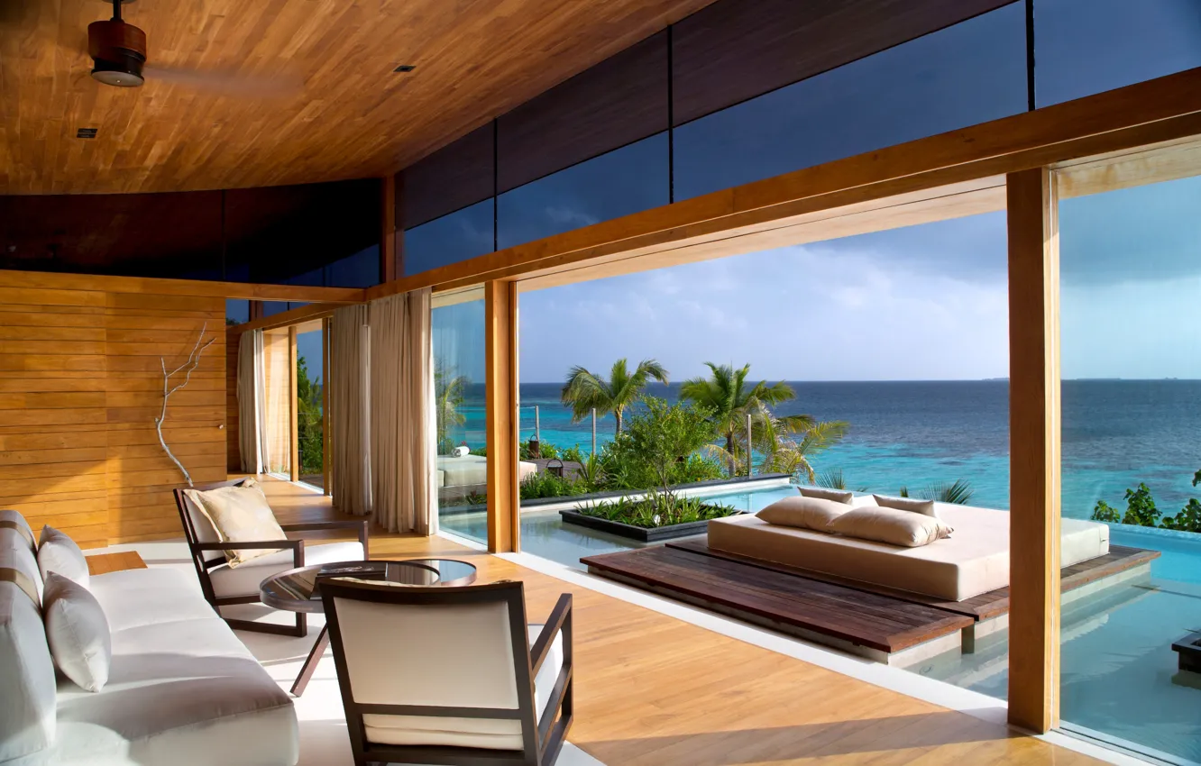 Фото обои дом, океан, мебель, интерьер, бассейн