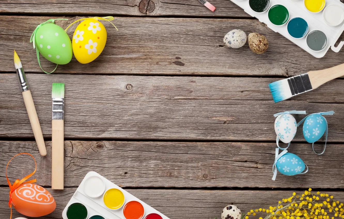 Фото обои праздник, краски, яйца, Пасха, кисти, Easter, мимоза