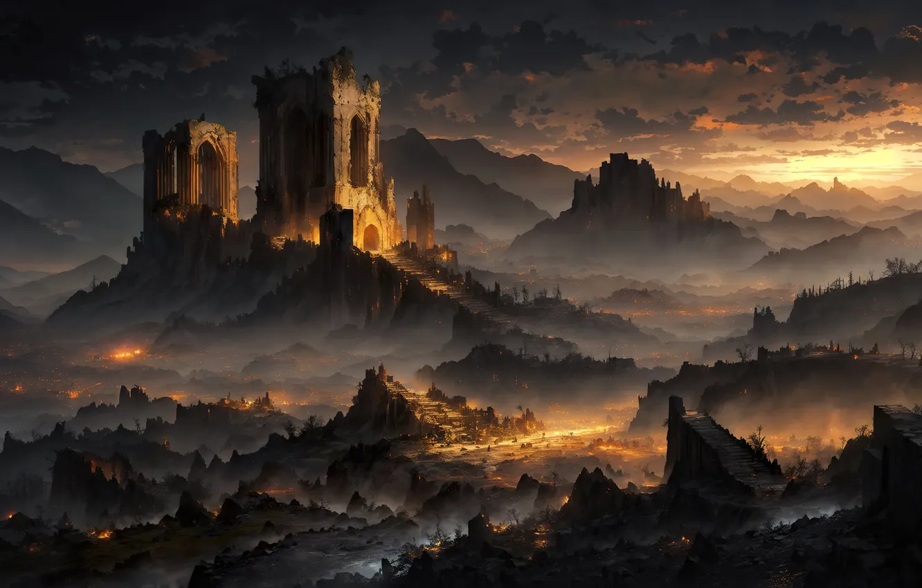 Фото обои fire, twilight, landscape, sunset, art, painting, ruins, castle