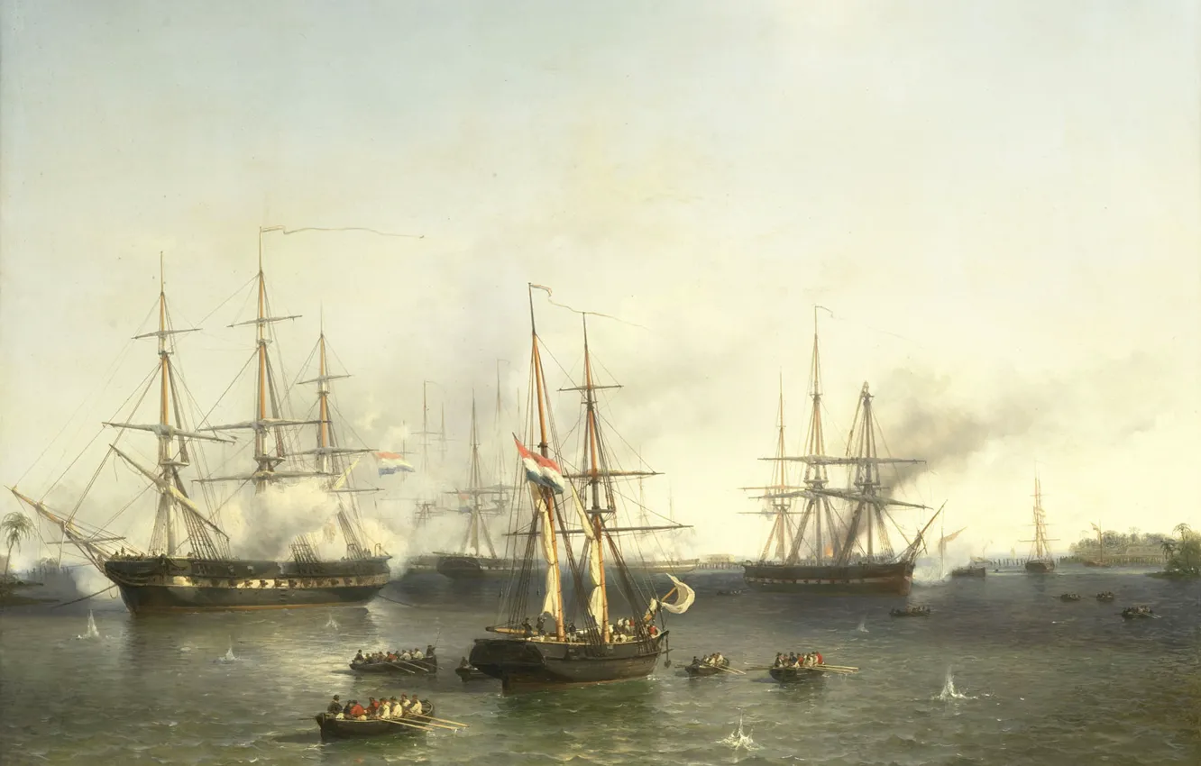 Фото обои корабль, масло, картина, баталия, 1857, Йохан Хендрик Луи Мейер, Louis Meijer, Завоевание Палембанга (Суматра) ...