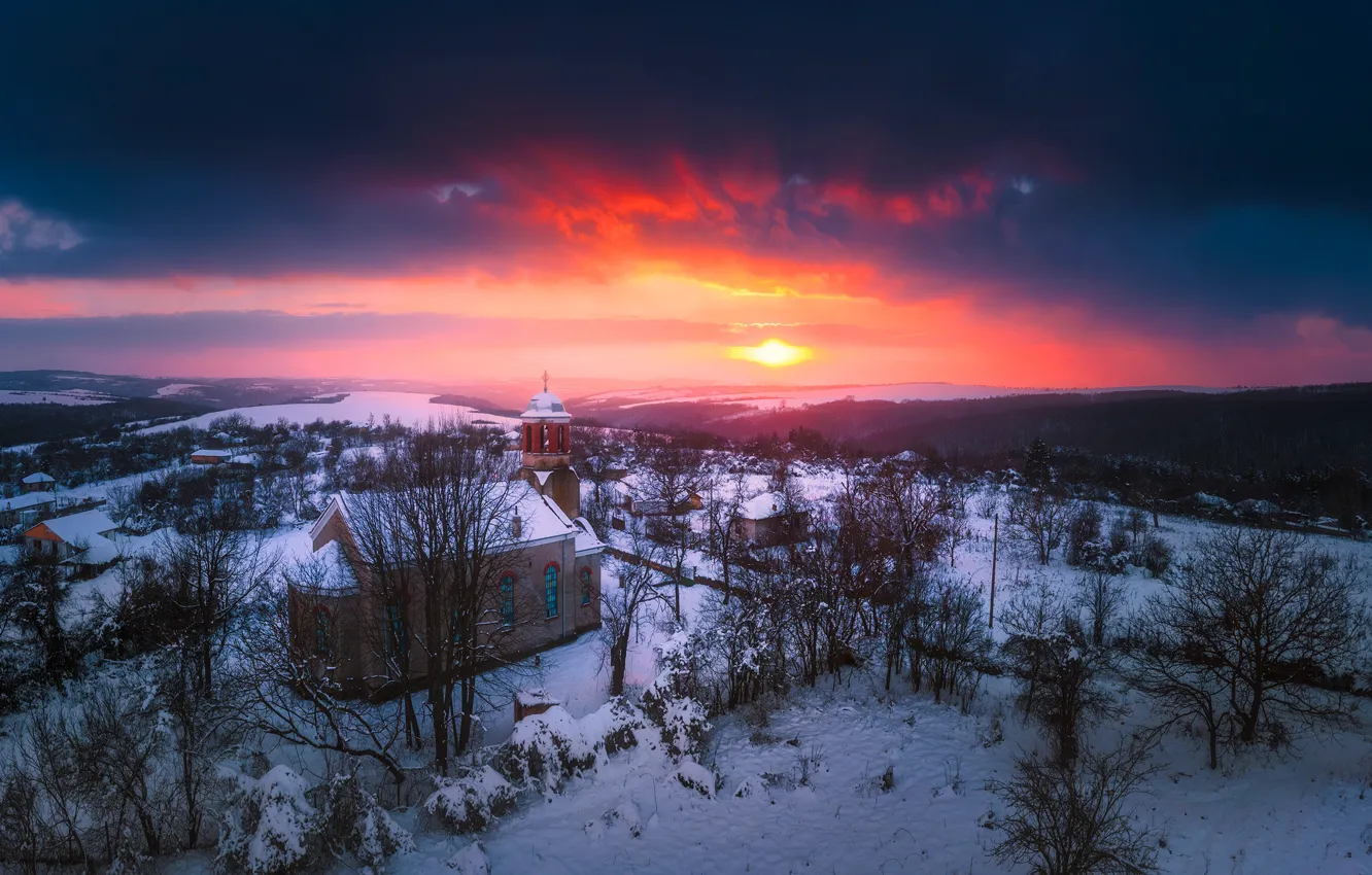 Фото обои зима, снег, пейзаж, закат, природа, церковь