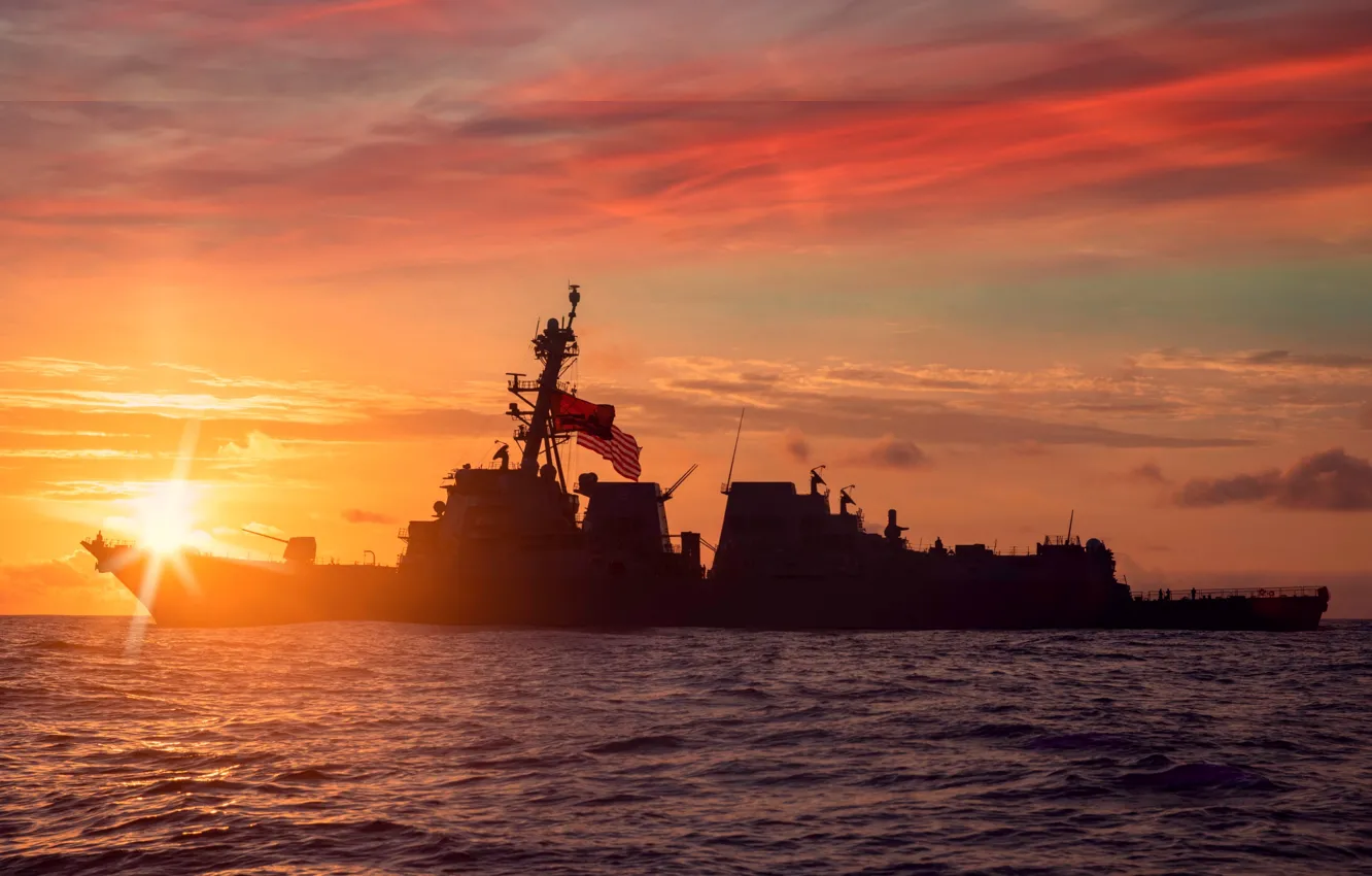 Фото обои закат, эсминец, USS Paul Ignatius
