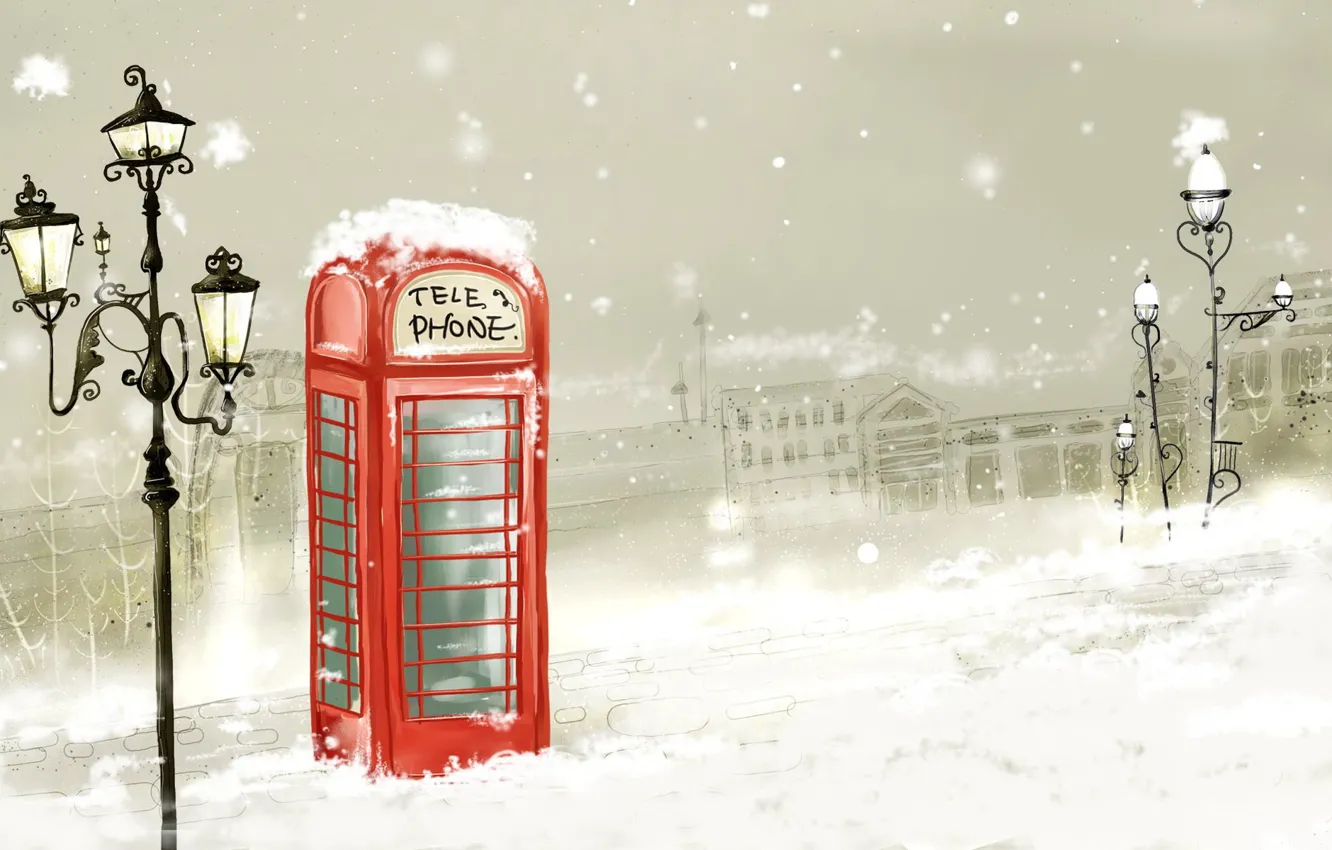 Фото обои снег, рисунок, Зима, фонарь, телефон