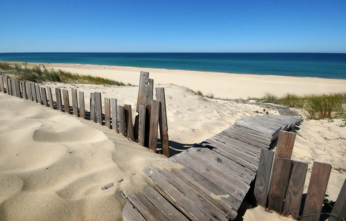 Фото обои песок, пляж, океан, берег, забор, горизонт, ступеньки