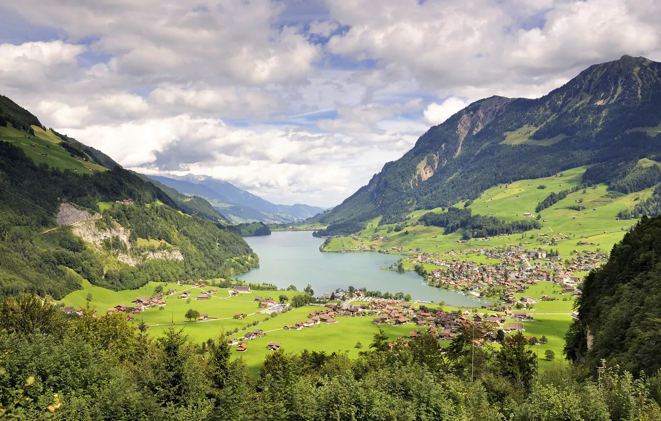 Фото обои озеро, швейцария, поселок, кантон, обвальден