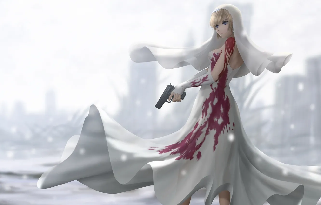 Фото обои девушка, снег, пистолет, кровь, платье, parasite eve, aya brea, свадебное