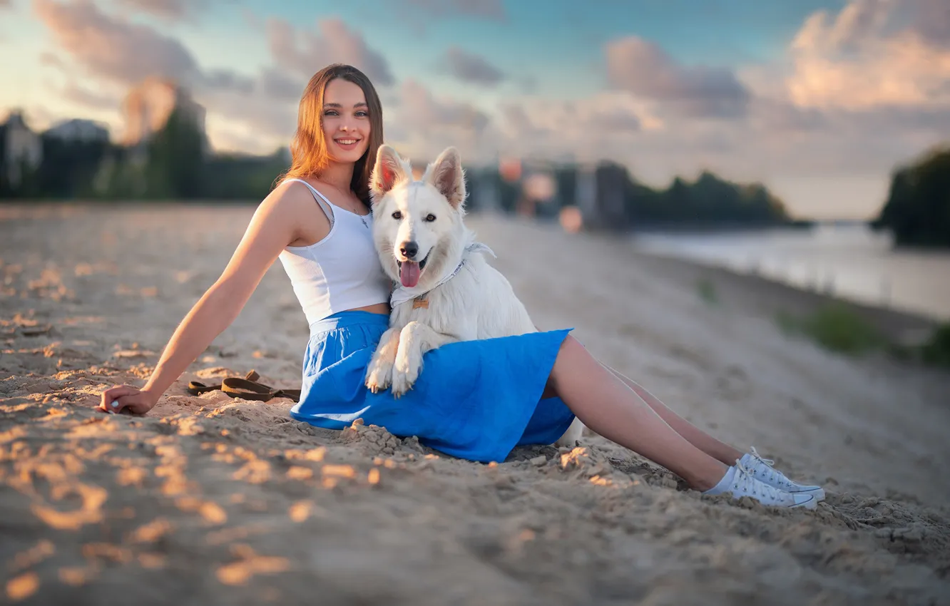 Фото обои песок, взгляд, девушка, улыбка, собака, Белая швейцарская овчарка, Дмитрий Шульгин