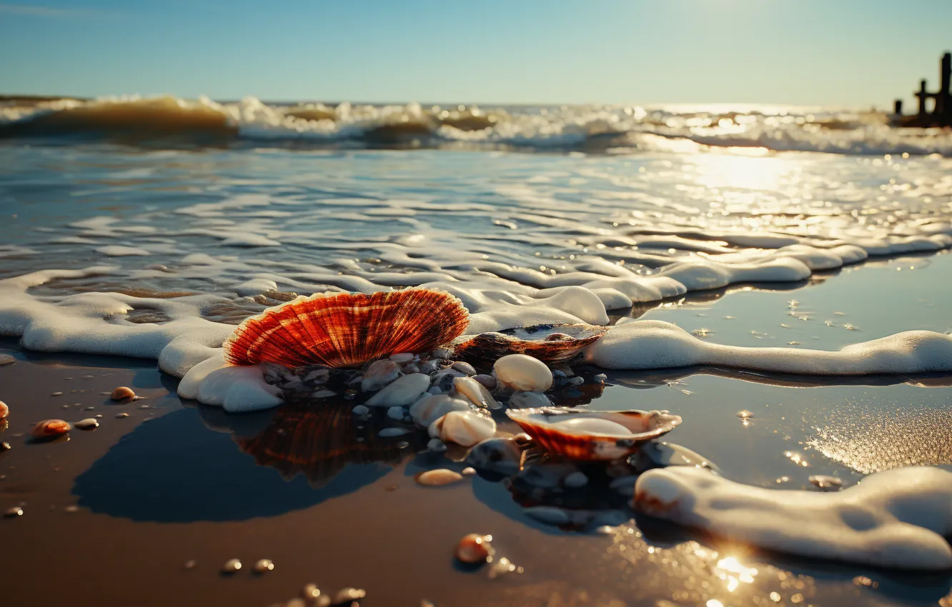 Фото обои море, пляж, океан, берег, ракушка, ракушки, морские ракушки, морская ракушка