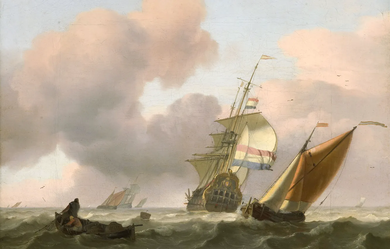 Фото обои картина, морской пейзаж, Людольф Бакхёйзен, Бурное Море с Кораблями