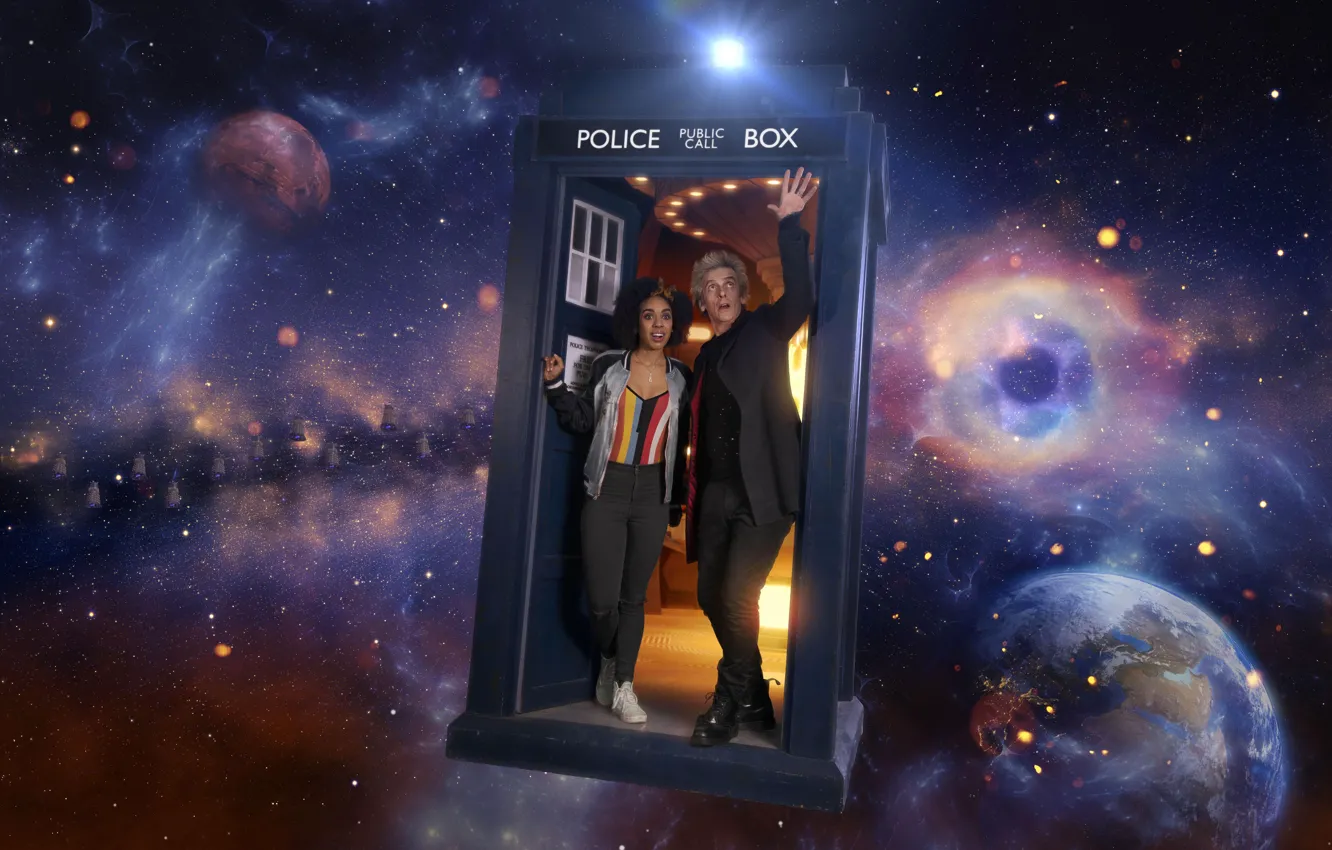 Фото обои космос, звезды, улыбка, планеты, Doctor Who, Доктор Кто, ТАРДИС, TARDIS