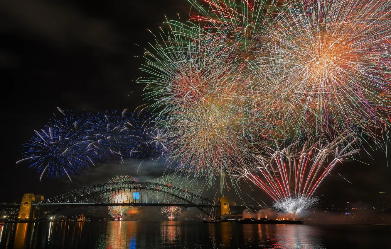 Фото обои ночь, мост, огни, Австралия, Sydney, феерверк, Харбор-Бридж, 2015