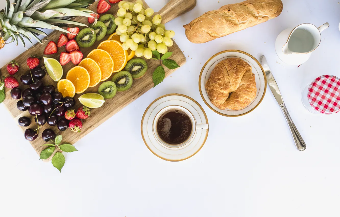 Фото обои завтрак, молоко, хлеб, фрукты, выпечка, джем, bread, breakfast