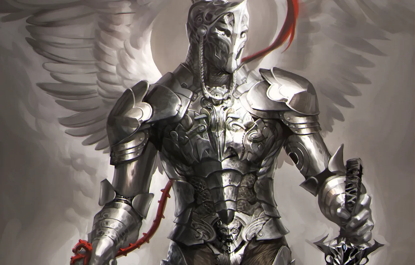 Фото обои оружие, крылья, ангел, меч, доспехи, арт, рыцарь, sakimichan