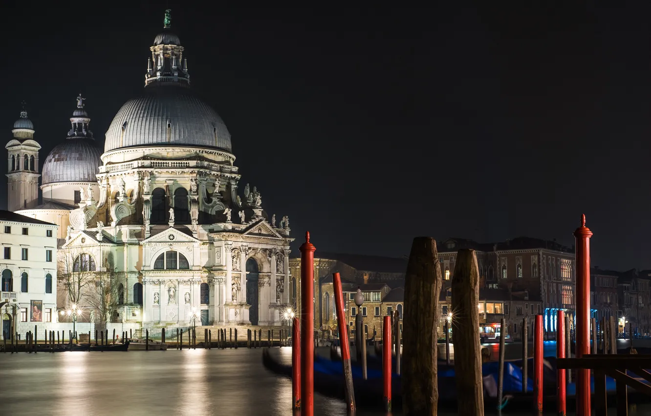 Фото обои ночь, огни, Италия, Венеция, собор, канал
