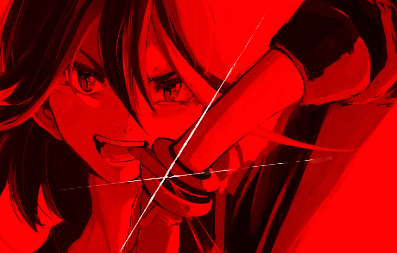 Фото обои красный, улыбка, чёрный, аниме, red, мечь, black, персонаж
