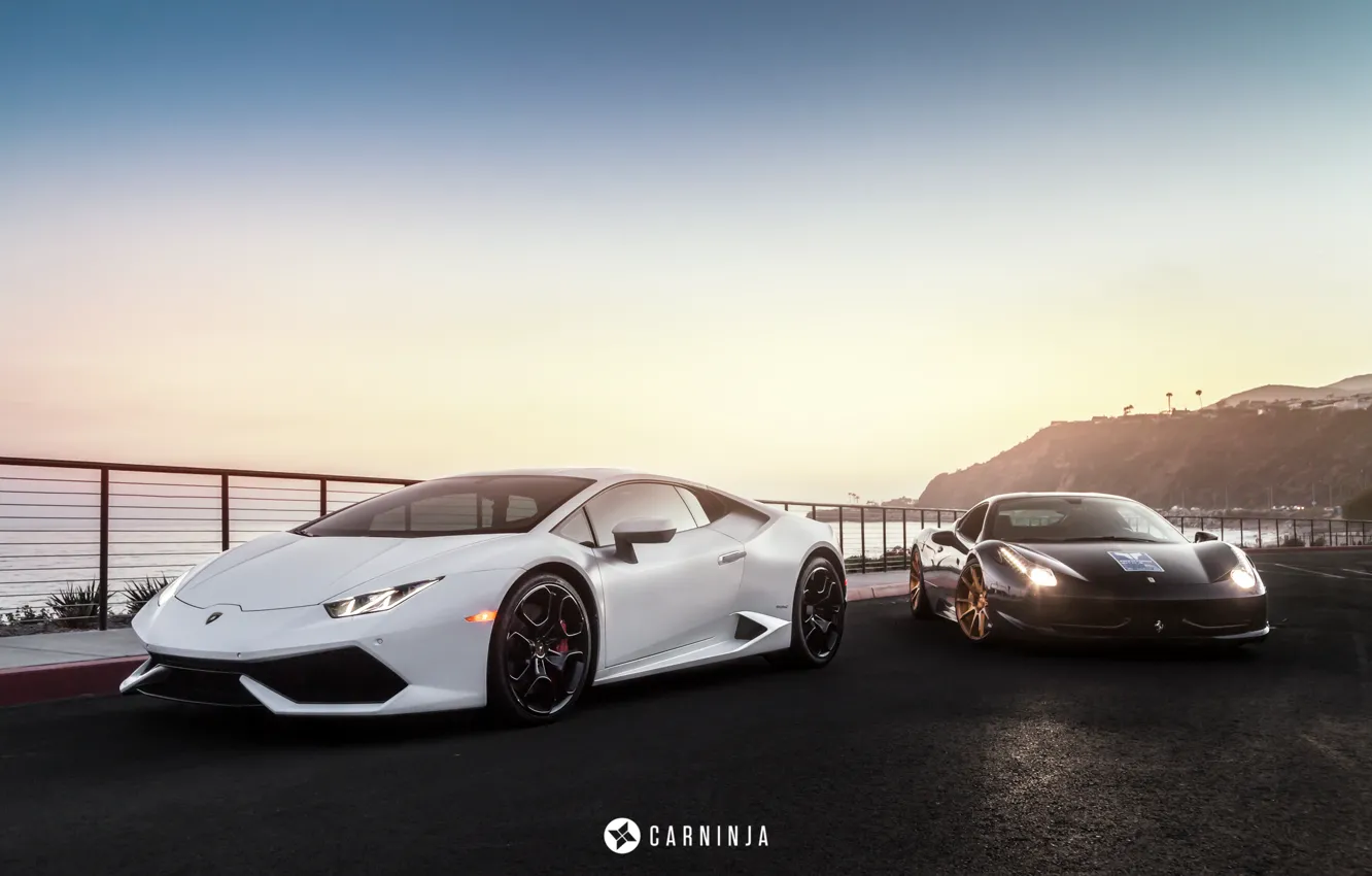 Фото обои Lamborghini, Белый, Феррари, Италия, Ferrari, 458, Black, Чёрная