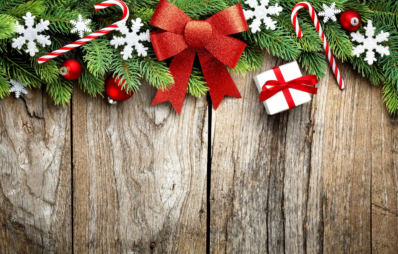 Фото обои украшения, ветки, подарок, шары, елка, Новый Год, Рождество, Christmas