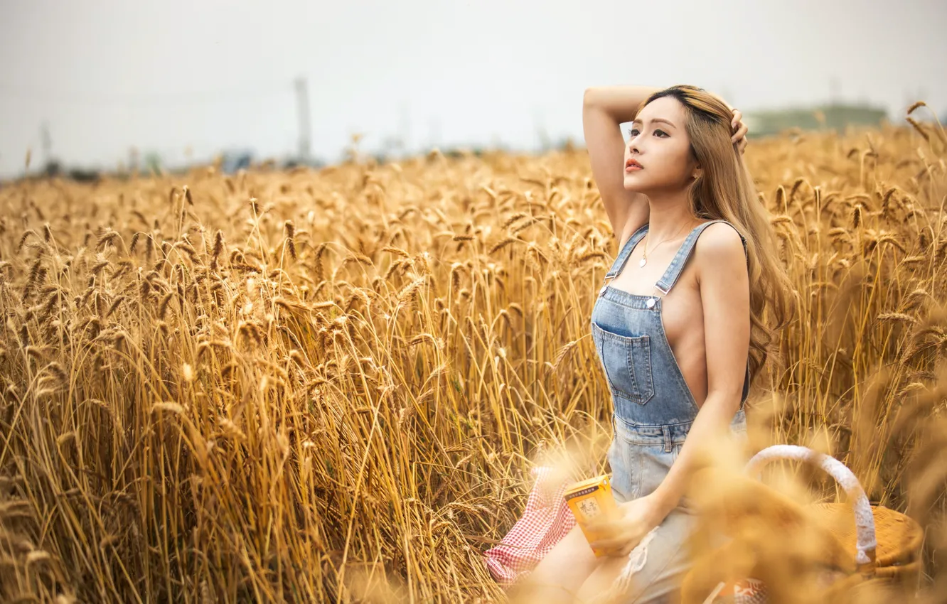 Фото обои girl, Model, field, photo, lips, blonde, asian, wheat