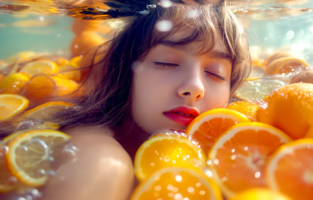 Фото обои woman, with, fruits, tropical, portrait, swimming, summertime