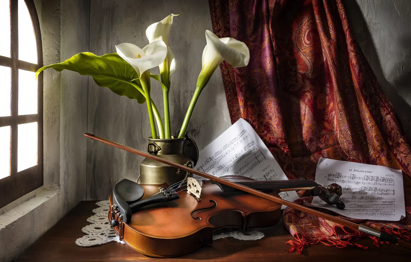 Фото обои свет, цветы, ноты, музыка, стол, скрипка, букет, окно