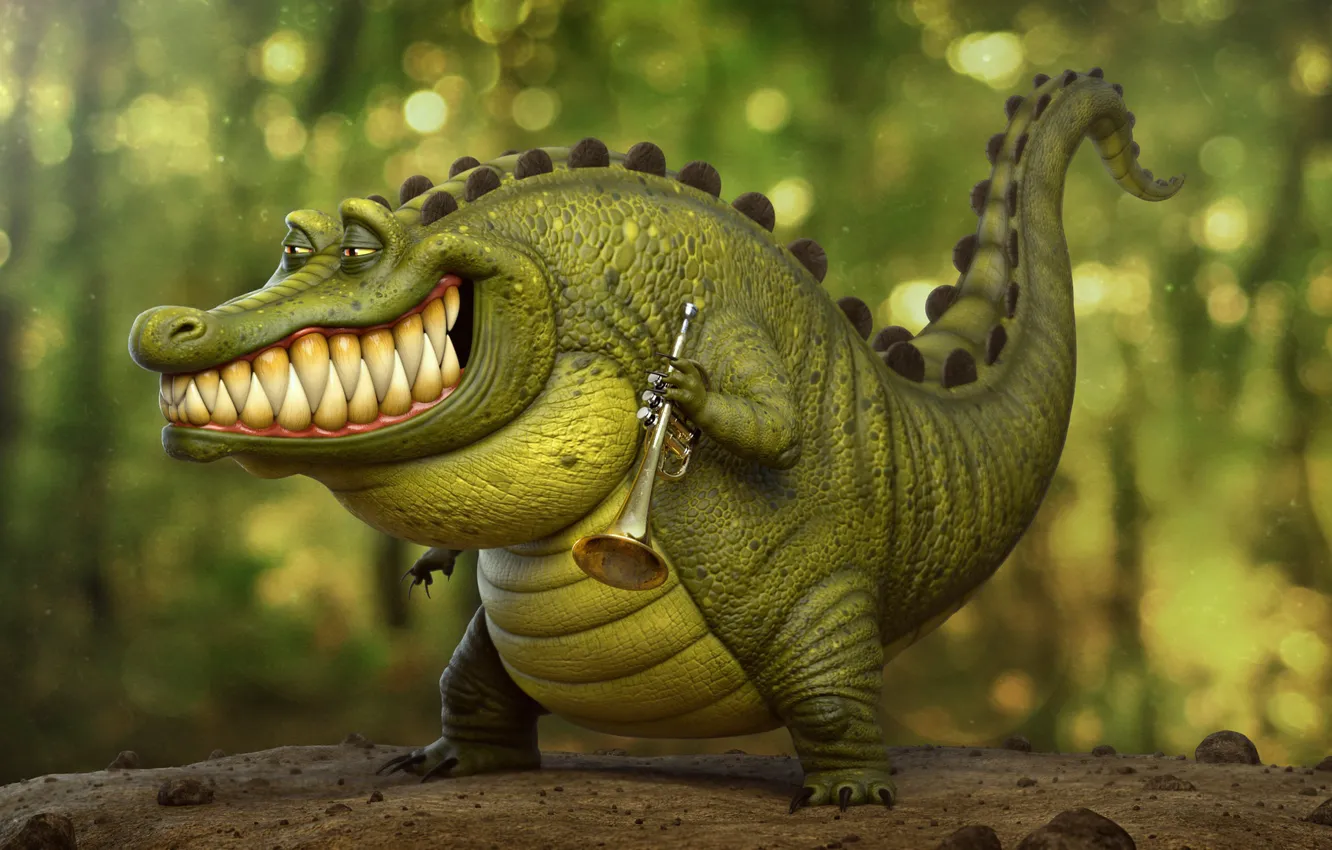 Фото обои крокодил, арт, труба, артист, Louis, трубач, крокодильчик, Tyler Bolyard