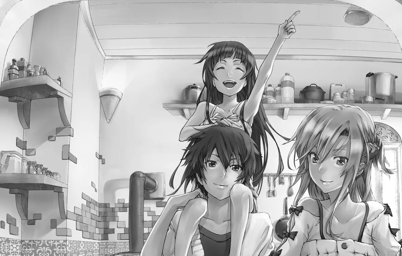 Фото обои девушка, любовь, счастье, улыбка, чёрно-белое, аниме, семья, кухня