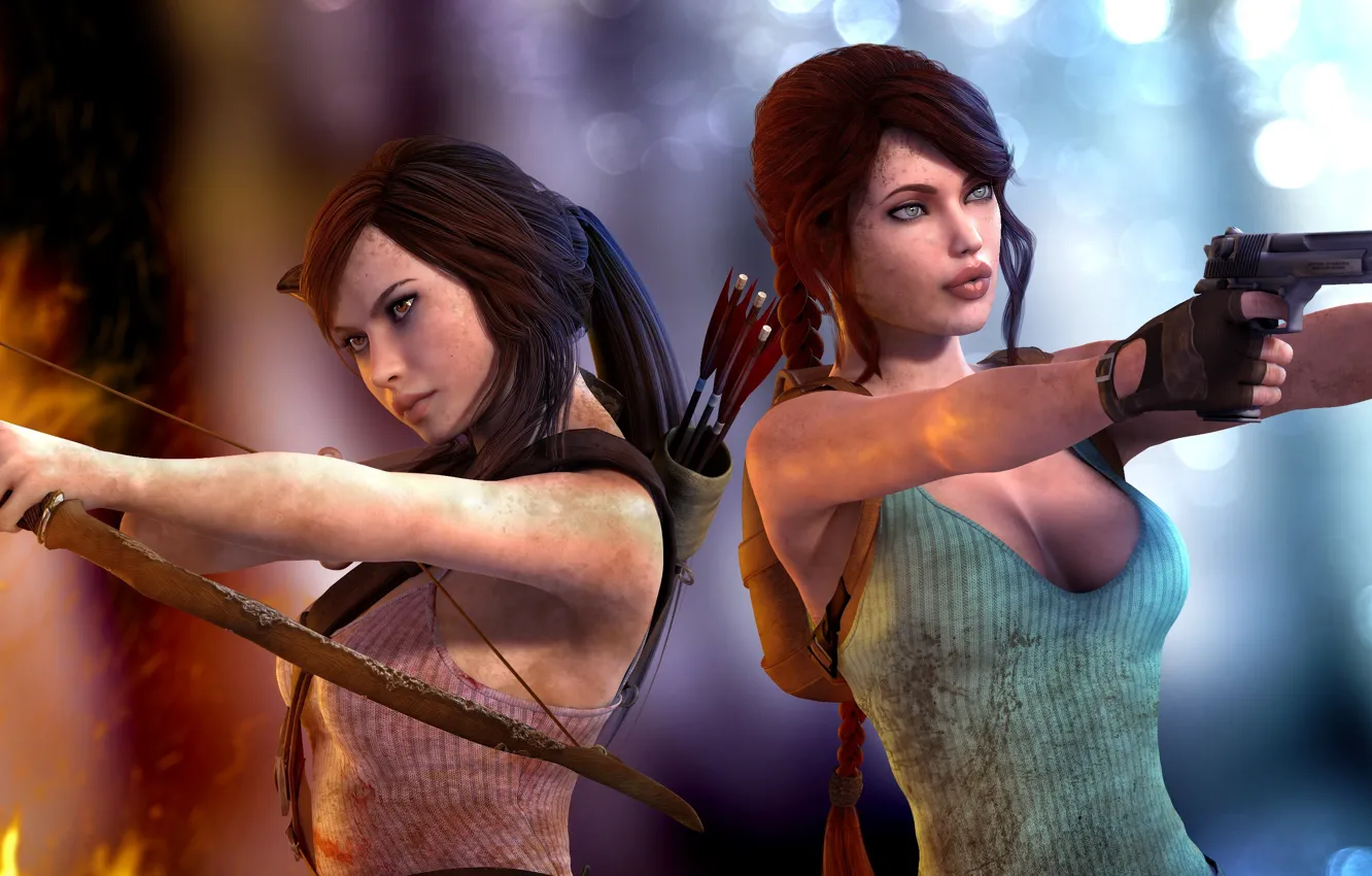 Фото обои девушки, огонь, пистолеты, лук, арт, Tomb Raider, lara croft, Aicka