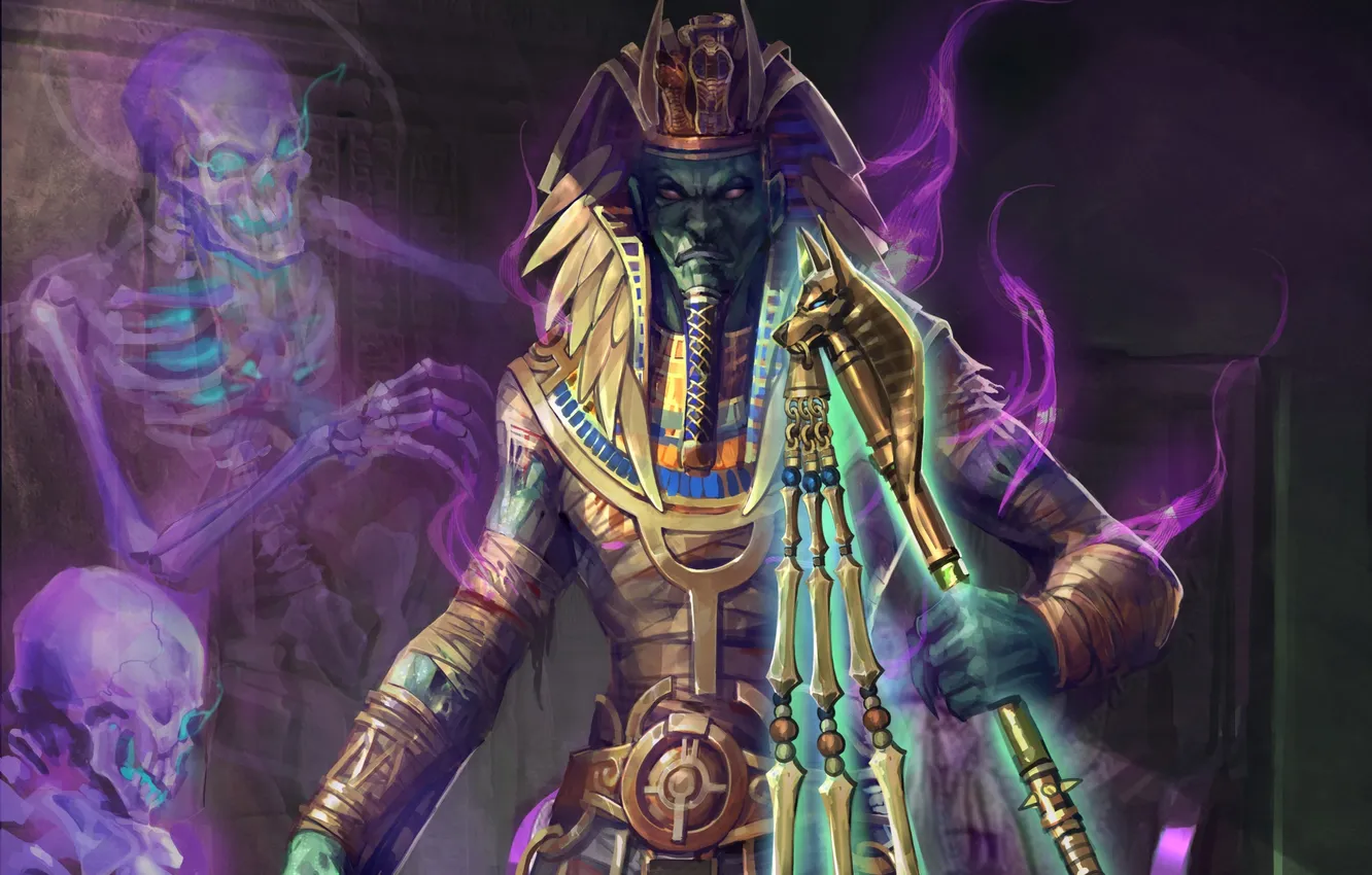 Фото обои бог, дух, арт, жезл, скелеты, Osiris