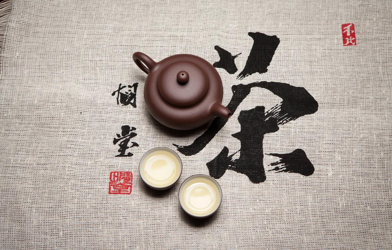Фото обои чай, чайник, иероглифы, ткань, пиалы