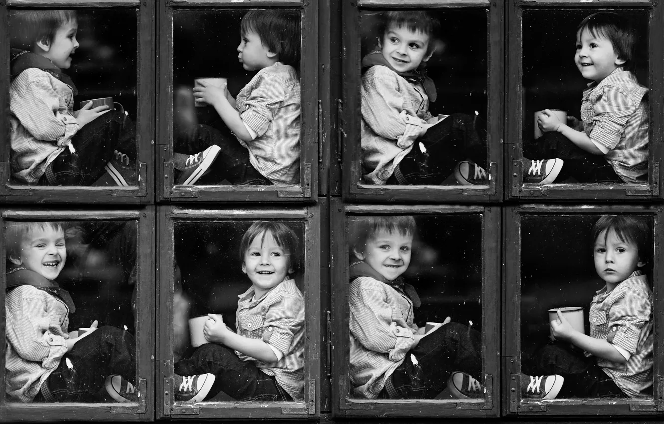 Фото обои дети, эмоции, смех, окно, улыбки