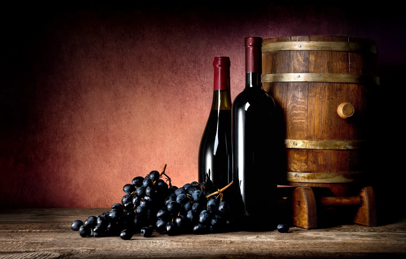Фото обои вино, черный, виноград, бутылки, бочка