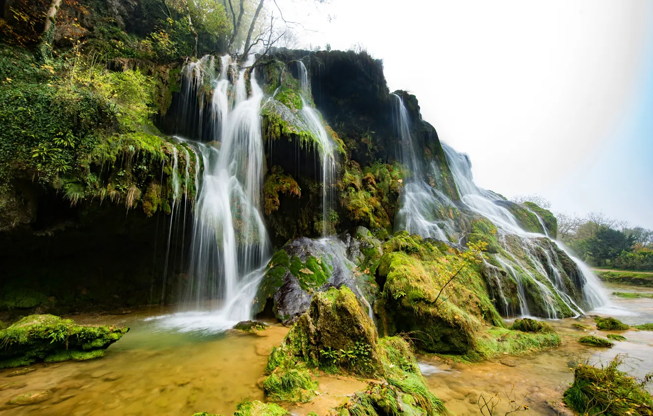 Фото обои зелень, камни, Франция, водопад, мох, Cascade des Tufs