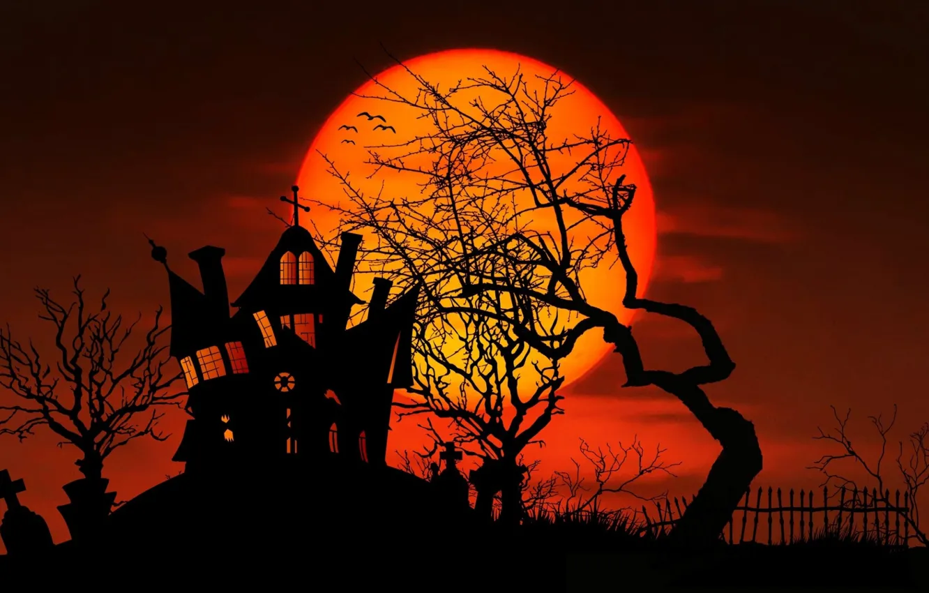 Фото обои дом, дерево, луна, вектор, силуэт, Halloween, хэллоуин