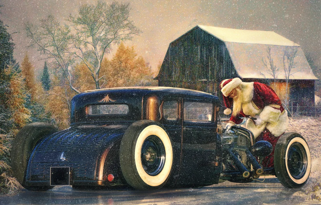 Фото обои авто, праздник, дед мороз, Санта Клаус, Хот-род