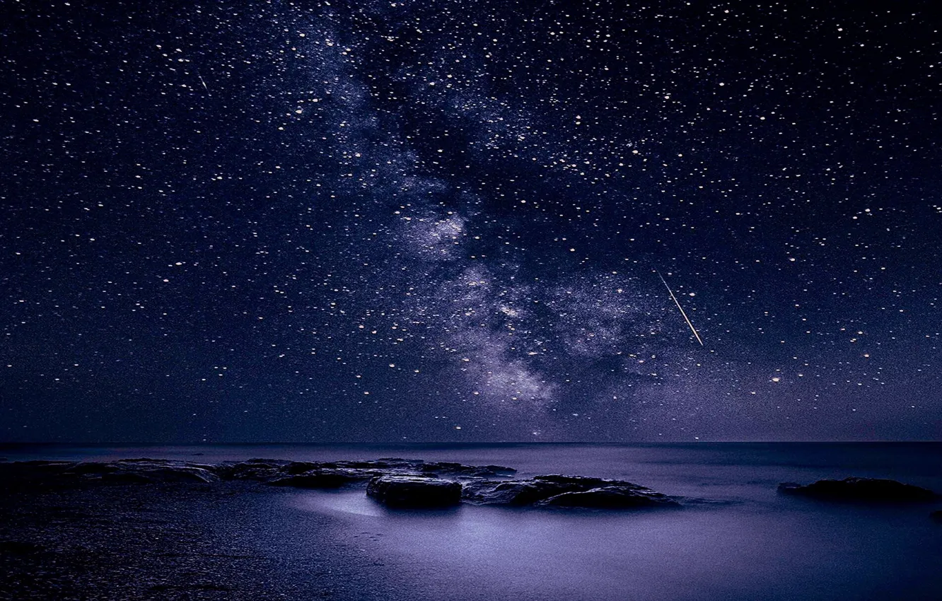 Фото обои море, небо, звезды, ночь, млечный ппуть