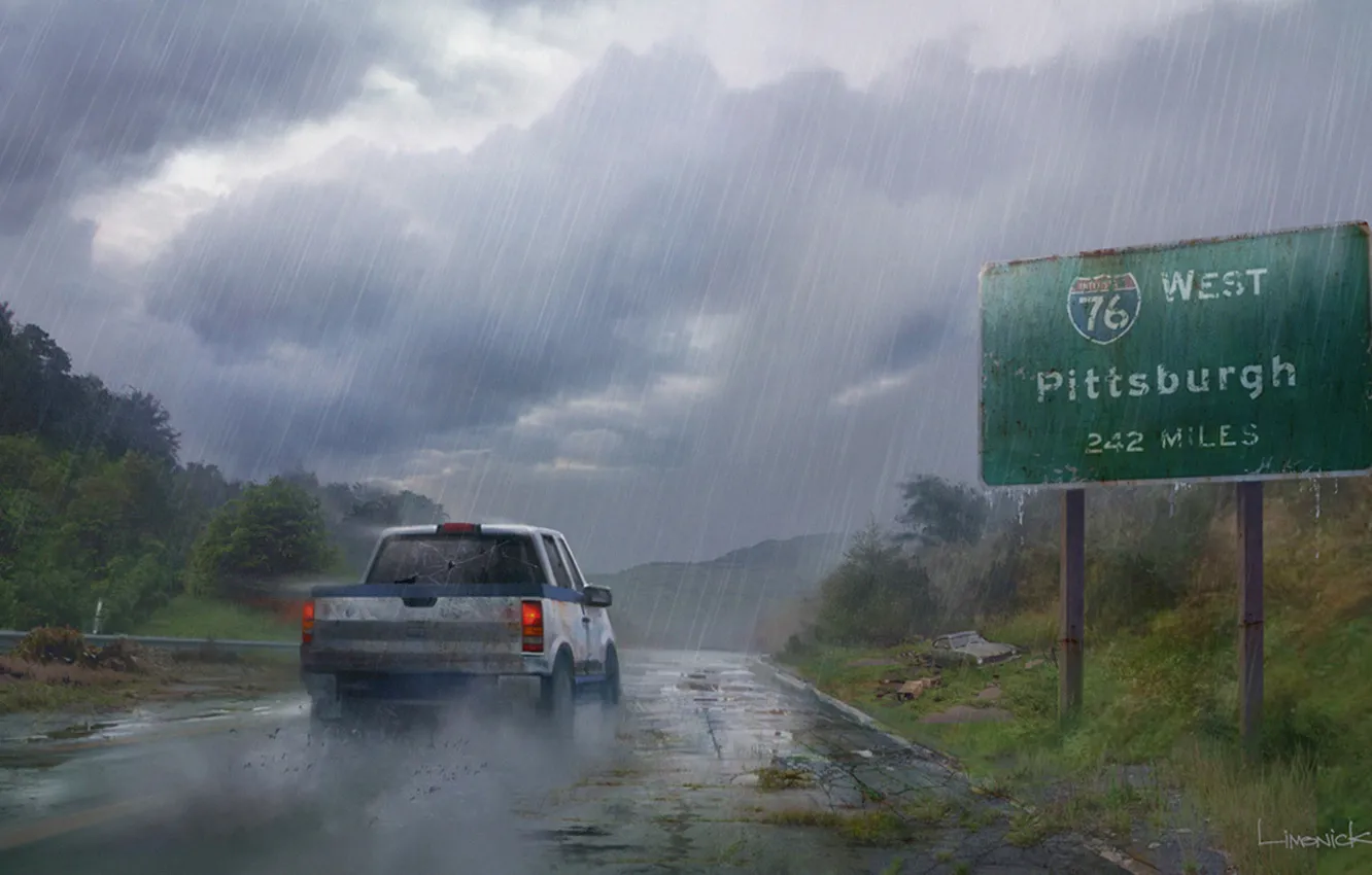 Фото обои дорога, машина, дождь, арт, The Last of Us