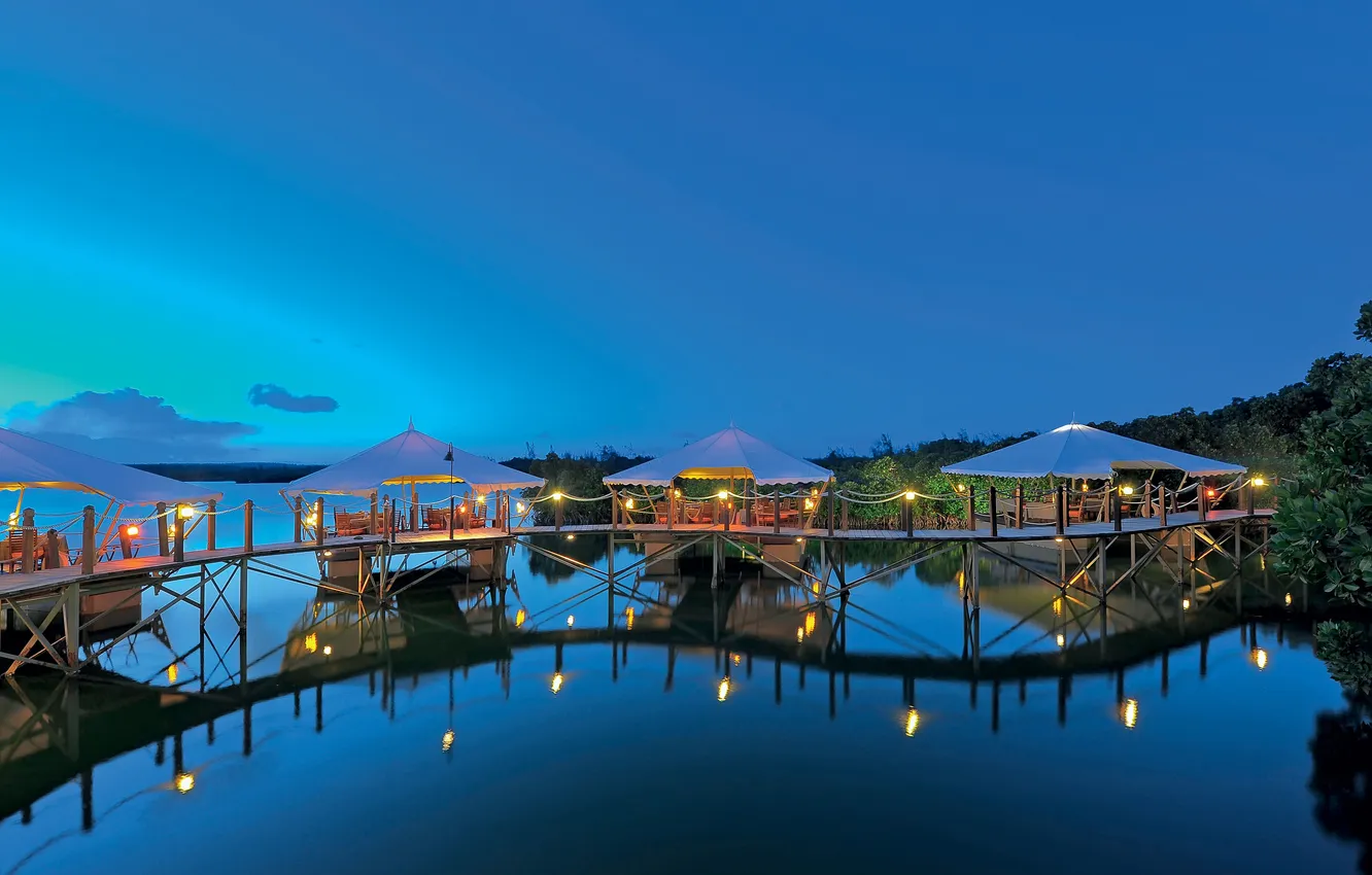 Фото обои океан, вечер, причал, ресторан, resort, Mauritius, dining, Sugar beach