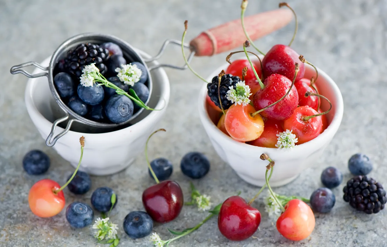 Фото обои лето, ягоды, черника, посуда, черешня, ежевика, Anna Verdina