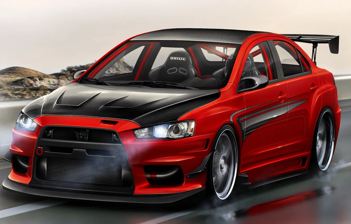 Фото обои красный, тюнинг, Mitsubishi, red, tuning, lancer, evolution, лансер