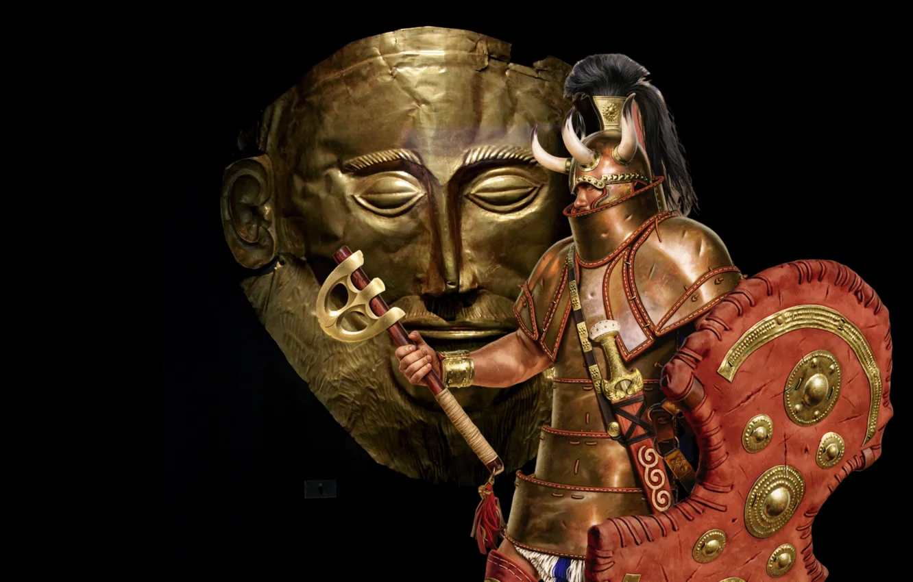 Фото обои Joan Francesc Oliveras Pallerols, Микенский воин, Маска Агамемнона, Mycenaean warrior, Микенский лавагет, Mycenaean lawageta, Mask …