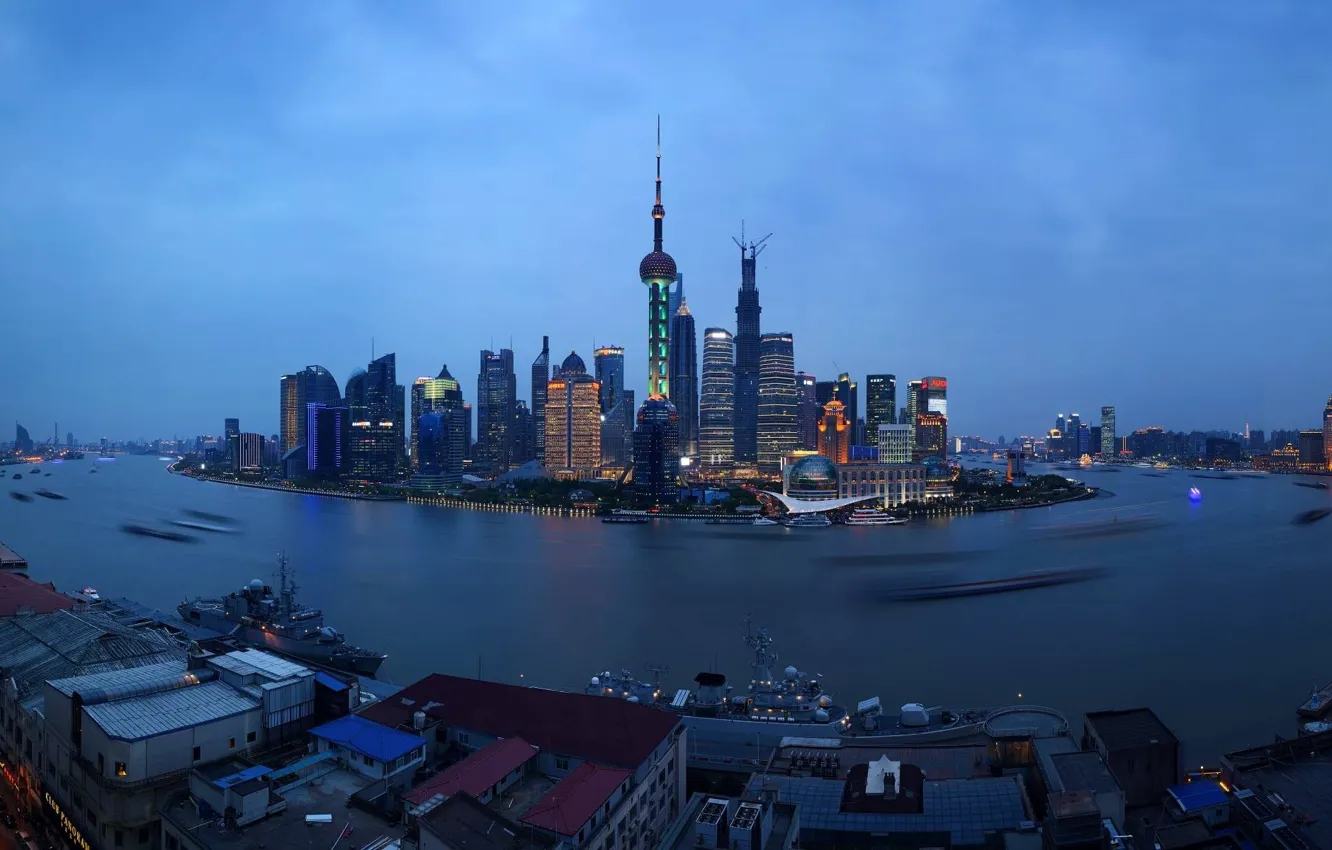 Фото обои Китай, Азия, Shanghai, Шанхай, мегаполис, огни большого города