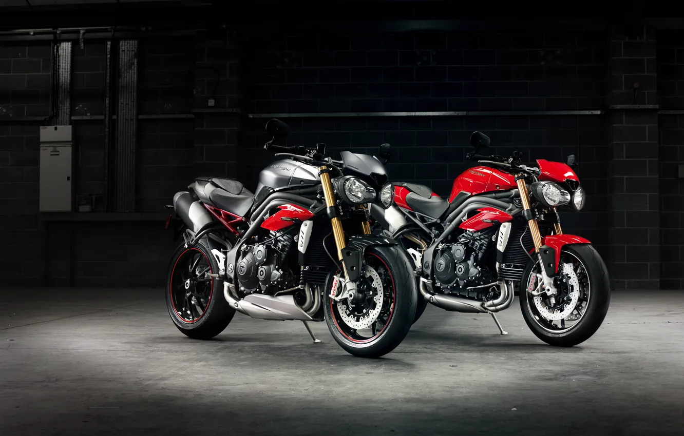 Фото обои гараж, мотоцикл, два, Triumph, 2016, speed triple r