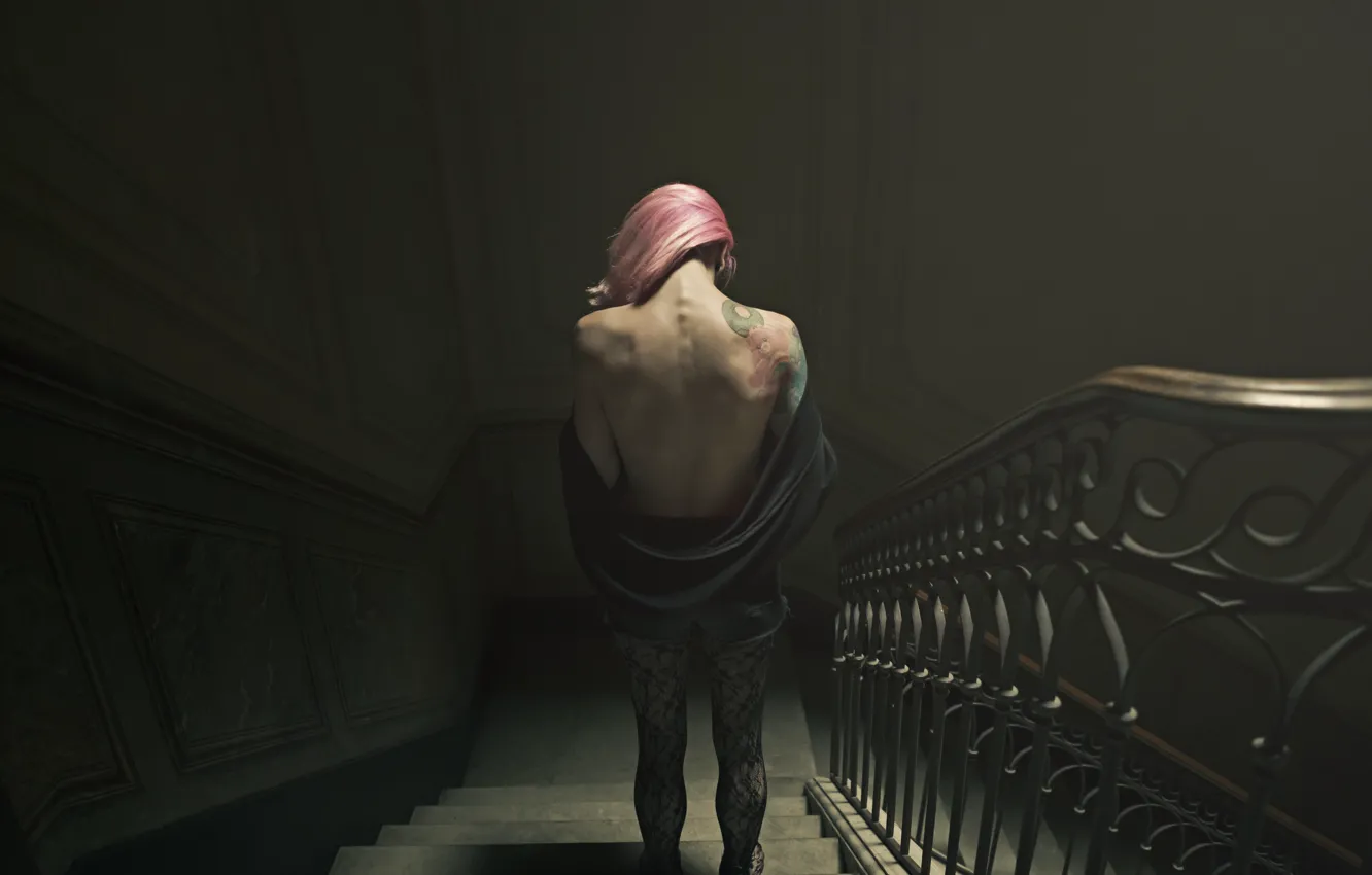 Фото обои girl, pink hair, woman, mood, tattoo, back, female, stairs
